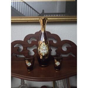 Italian Amethyst Gilt Decanter Set w/ 2 Cups Floral Hollywood Regency 1960s